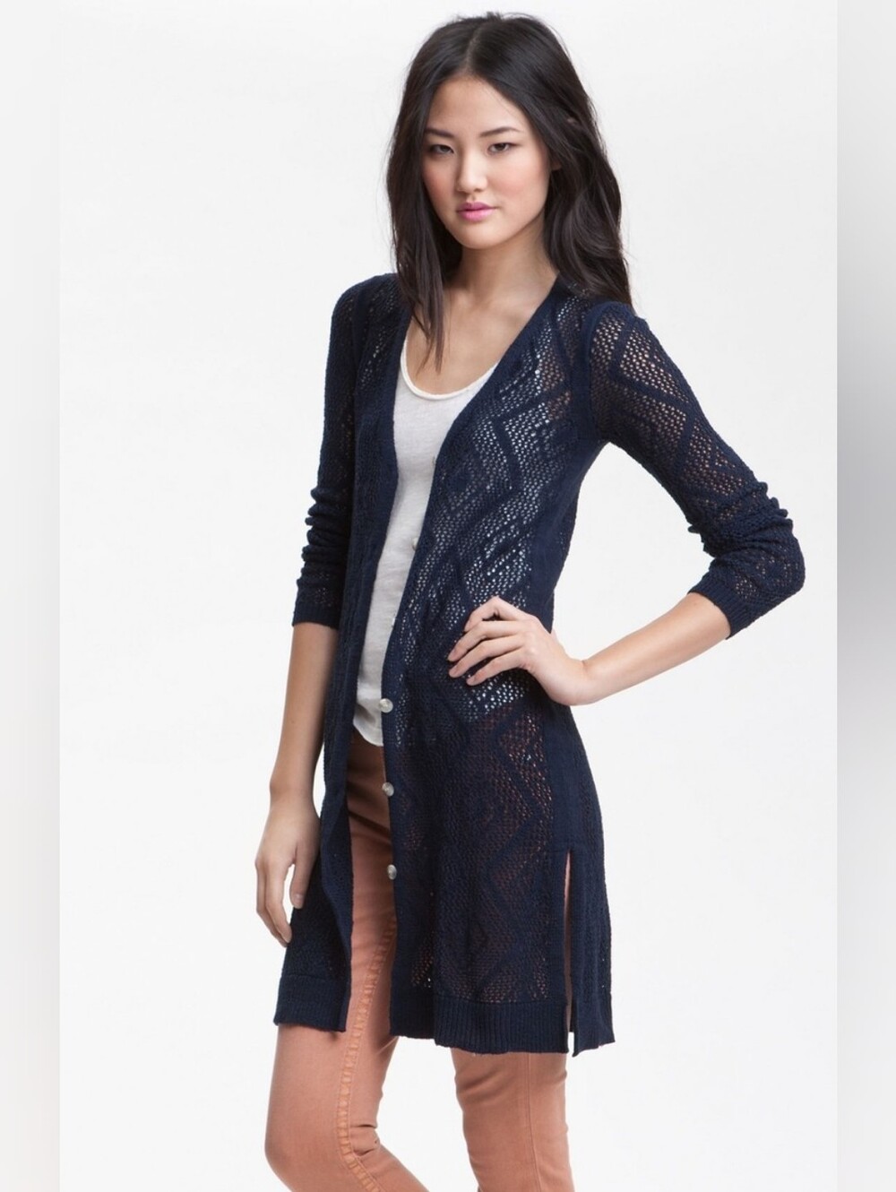 Free People Cutie Booty Crochet Cardigan Sweater M Blue Boho Y2K Elena Gilbert